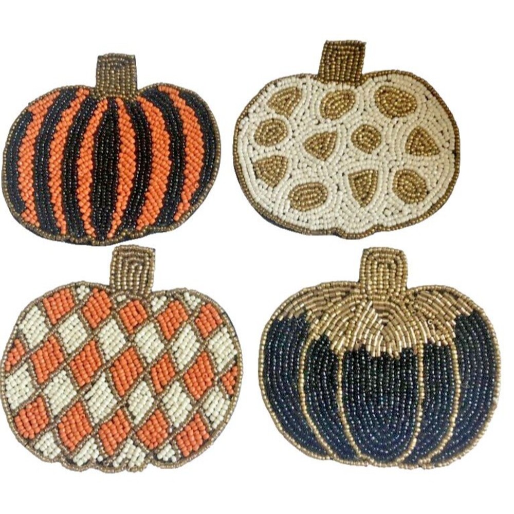 Thanksgiving Max Studio Glass Beaded Pumpkin Drink Coasters Halloween Set of 4